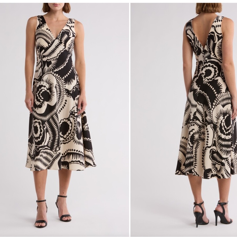 Calvin Klein Black and White Sleeveless V-Neck Midi Dress
